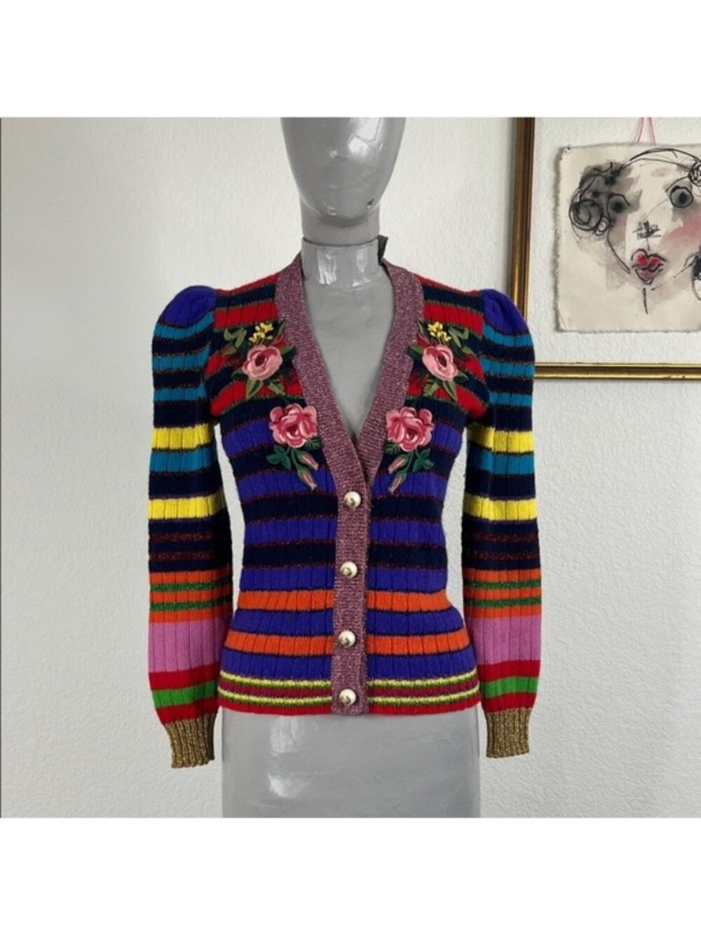 Gucci Multicolor Metallic Striped Cardigan Floral Patches Pearl Logo Brand Butto